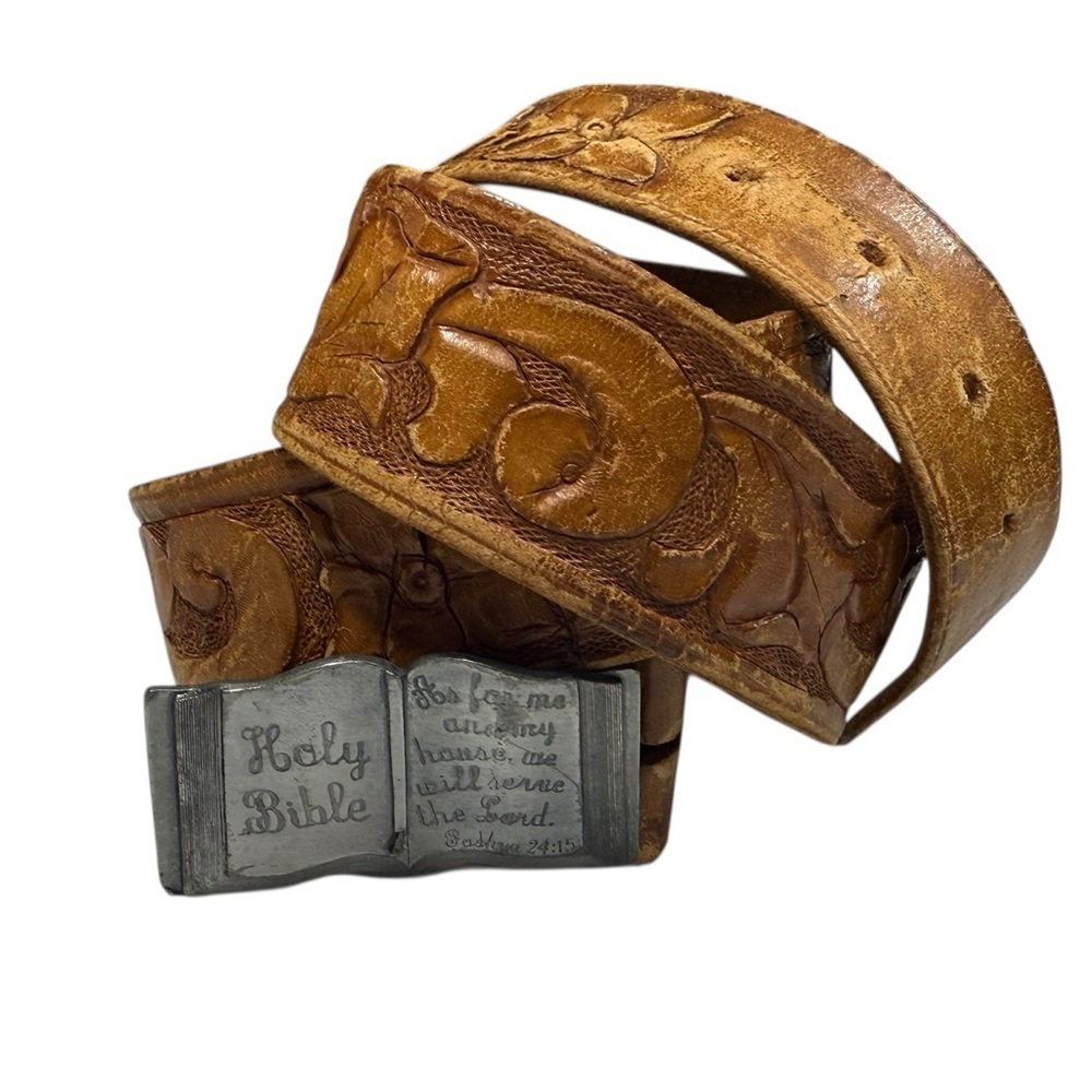 Siskiyou Bible Belt Buckle on Vintage 1984 Hand Tooled Leather Belt